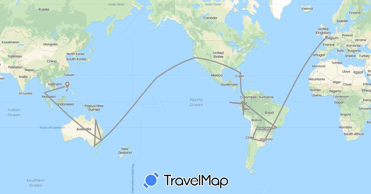 TravelMap itinerary: driving, plane, hiking in Argentina, Australia, Brazil, Colombia, Ecuador, United Kingdom, Panama, Peru, Philippines, Thailand, United States (Asia, Europe, North America, Oceania, South America)